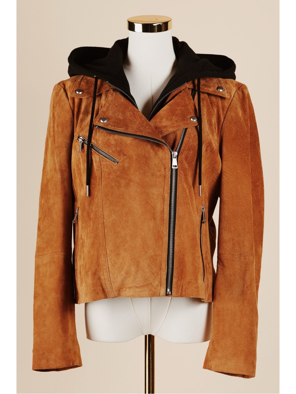 Sz L Bagatelle Collection Genuine Leather Tan Suede Hooded Moto Jacket EUC - Picture 1 of 6